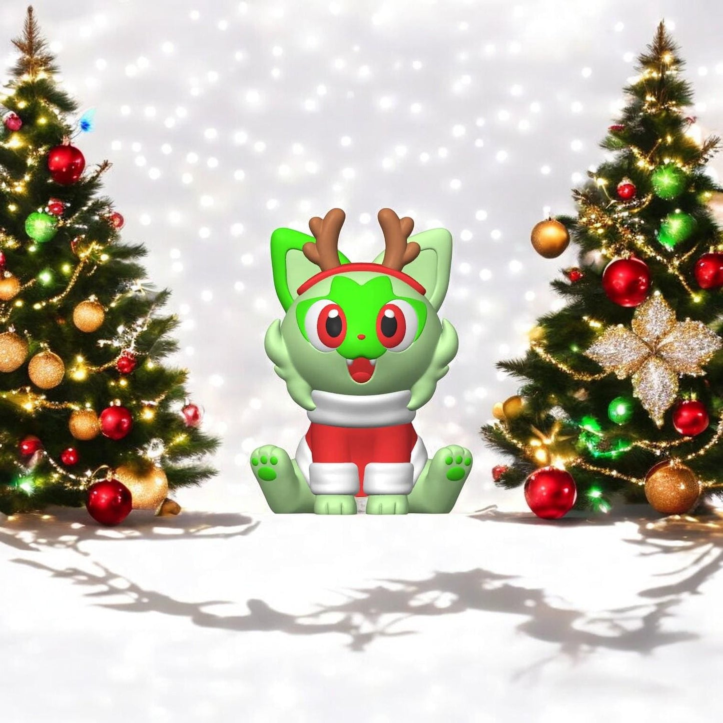 Christmas Sprigatito-Inspired Collectible Figurine – 3D Printed Holiday Pokémon Fan Art | Festive Desk Display