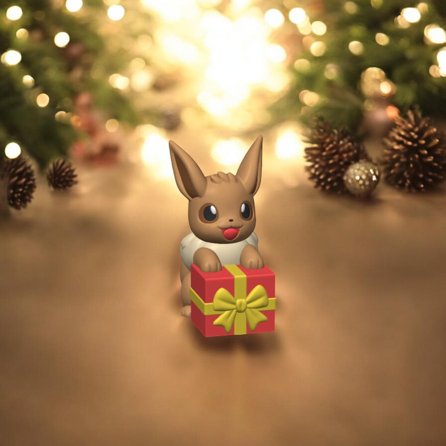 Christmas Present Eevee-Inspired Collectible Figurine – 3D Printed Holiday Pokémon Fan Art | Festive Desk Display