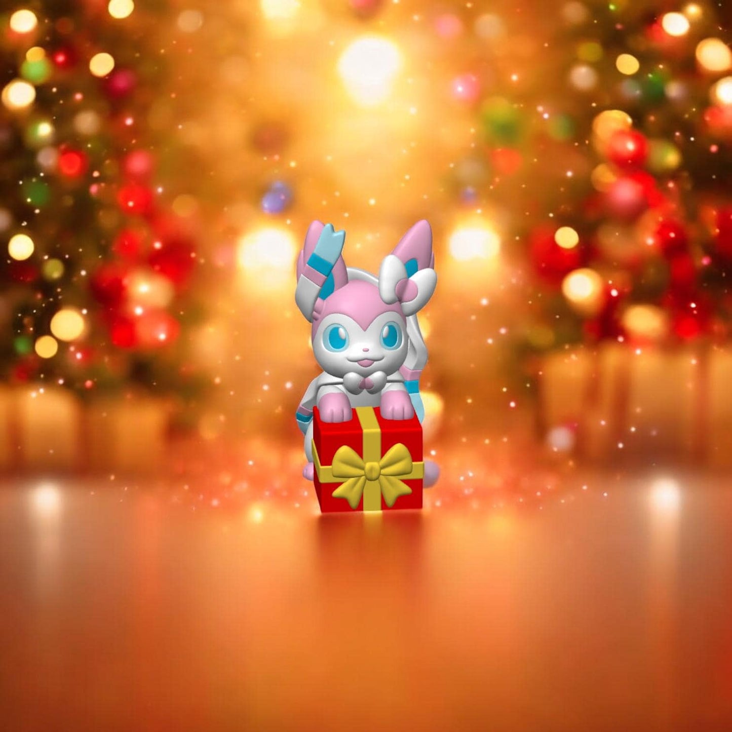 Christmas Present Sylveon-Inspired Collectible Figurine – 3D Printed Holiday Pokémon Fan Art | Festive Desk Display