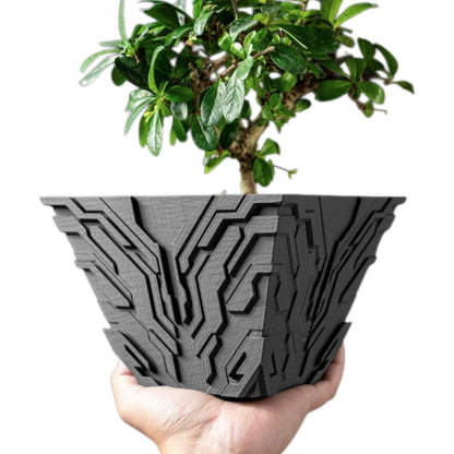 Uplink Planter Pot – Futuristic Circuitry Patterned Pot for Bonsai, Succulents, or Faux Plants – Sci-Fi Inspired Decorative Indoor Planter – 3D Printed in Canada