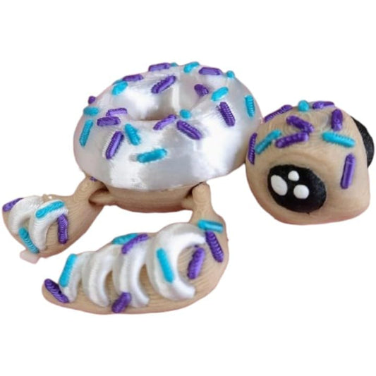 Donurtle Articulated Donut Turtle Figurine – Cute Dessert-Inspired Turtle with Sprinkles and Movable Limbs – Fun Shelf Decor or Collectible Gift – 3D Printed in Canada