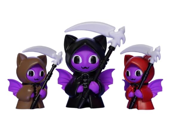 Grim Reaper Bat Figurine – Cute Purple Vampire Bat with Scythe in Cloak – Spooky Collectible Decor – 3D Printed in Canada