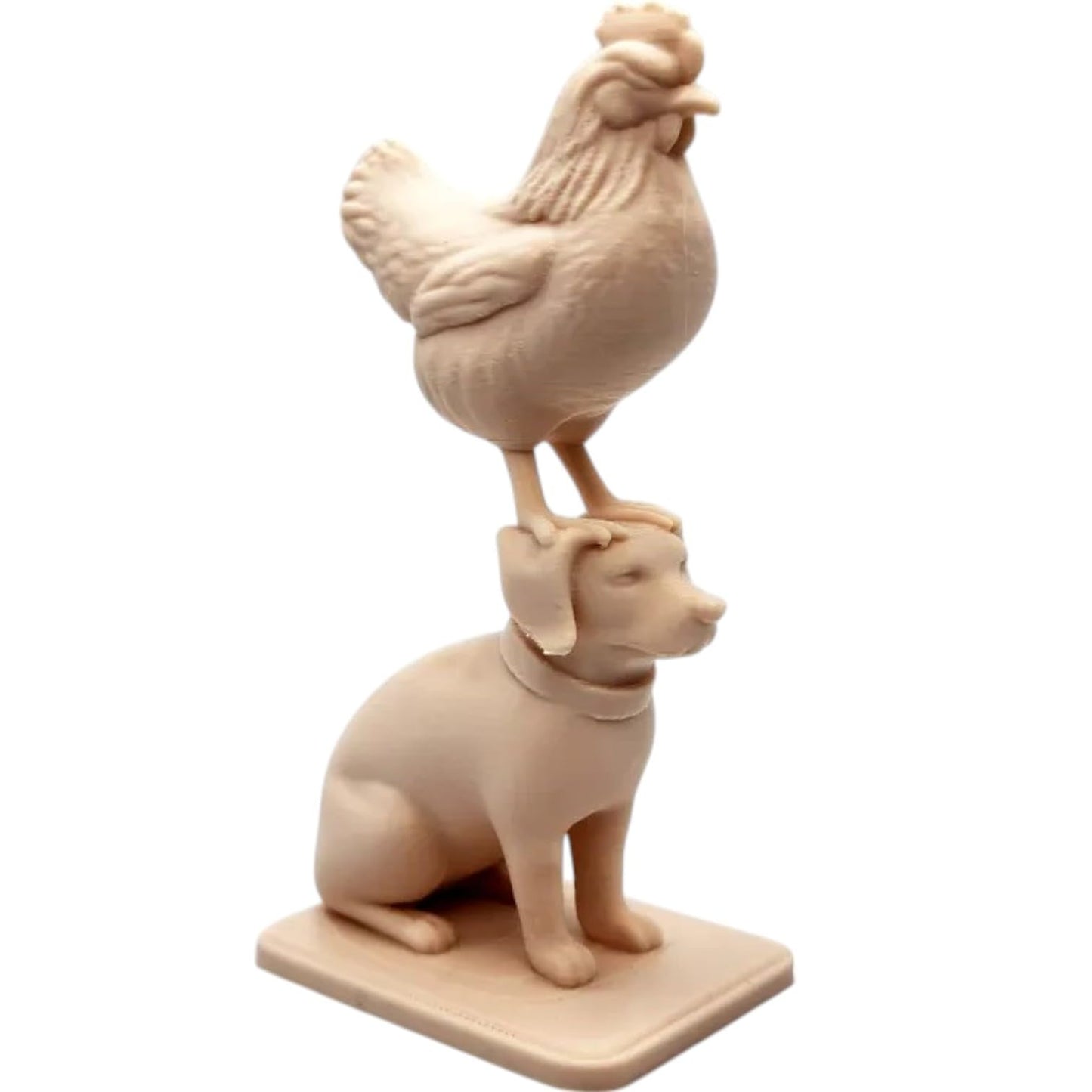 Chicken on Dog’s Head Figurine – Whimsical Farm Animal Duo Sculpture, Rustic Wood-Style Décor Piece – 3D Printed in Canada
