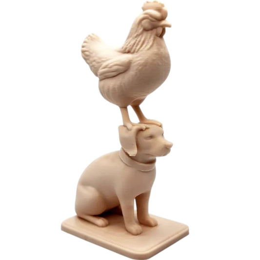 Chicken on Dog’s Head Figurine – Whimsical Farm Animal Duo Sculpture, Rustic Wood-Style Décor Piece – 3D Printed in Canada