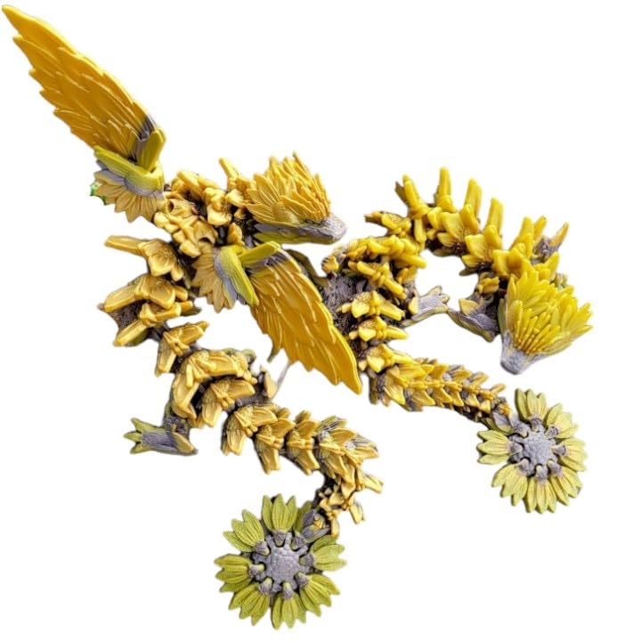 Sunflower Dragon Articulated Figurine – Posable Floral Fantasy Creature for Shelf Decor, Fidgeting & Collectors – 3D Printed in Canada