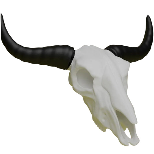 Bull Skull Wall Decor – Western Longhorn Style Faux Bone Head with Black Horns – Gothic or Ranch-Inspired Art – 3D Printed in Canada