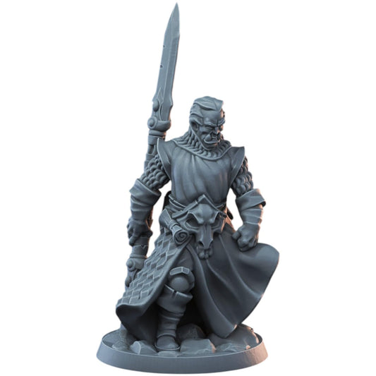 Half-Orc Male Fighter Miniature for Fantasy Wargames – Armored Warrior with Greatsword – Unpainted 3D Printed RPG Model