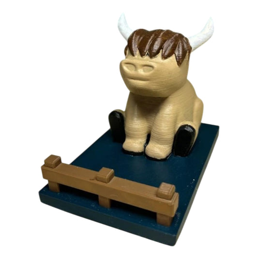 Highland Cow Phone Stand – Cute Desktop Mobile Holder with Fence Base for Desk, Office & Charging Stations – 3D Printed in Canada