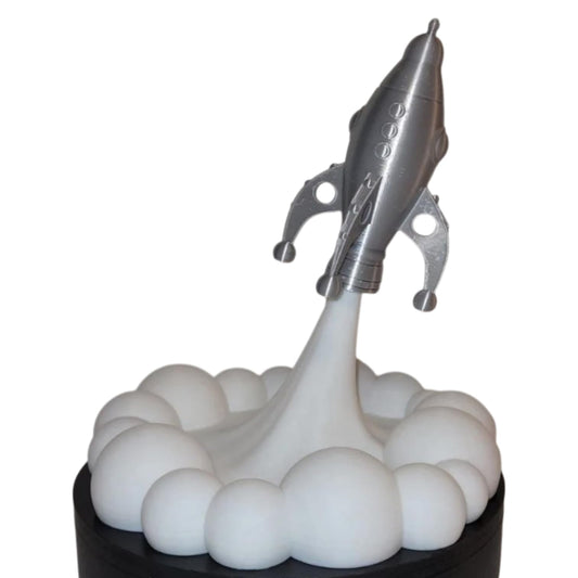 Retro Rocket Ring Tray – 3D Printed Spaceship Jewelry Dish with Blast-Off Smoke Cloud Base – Sci-Fi Coin Holder for Desk or Dresser – 3D Printed in Canada