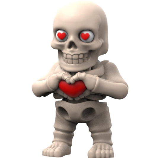 Funny Articulated Skeleton Figurine with Heart Eyes – Valentine’s Day Skull Holding Red Heart – Spooky Cute Desk Fidget Toy for Teens & Adults – 3D Printed in Canada