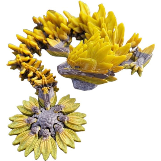 Sunflower Dragon Articulated Figurine – Posable Floral Fantasy Creature for Shelf Decor, Fidgeting & Collectors – 3D Printed in Canada
