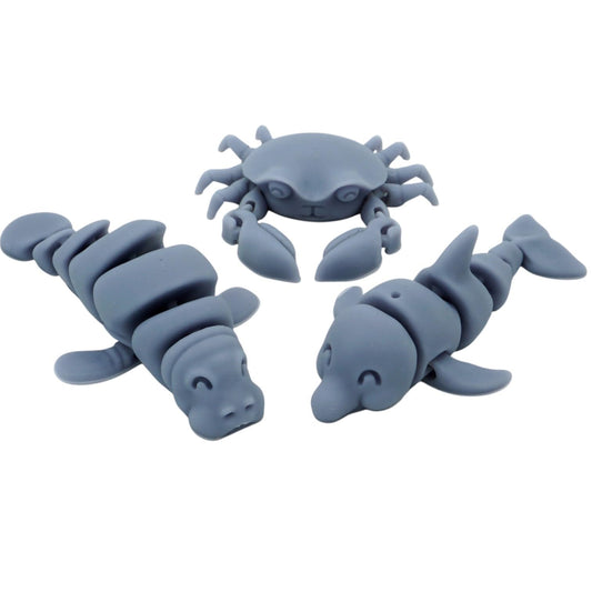 3-Pack Articulated Sea Animal Figurines – Dolphin, Manatee & Crab Desk Fidget Collectibles for Teens & Adults – 3D Printed in Canada