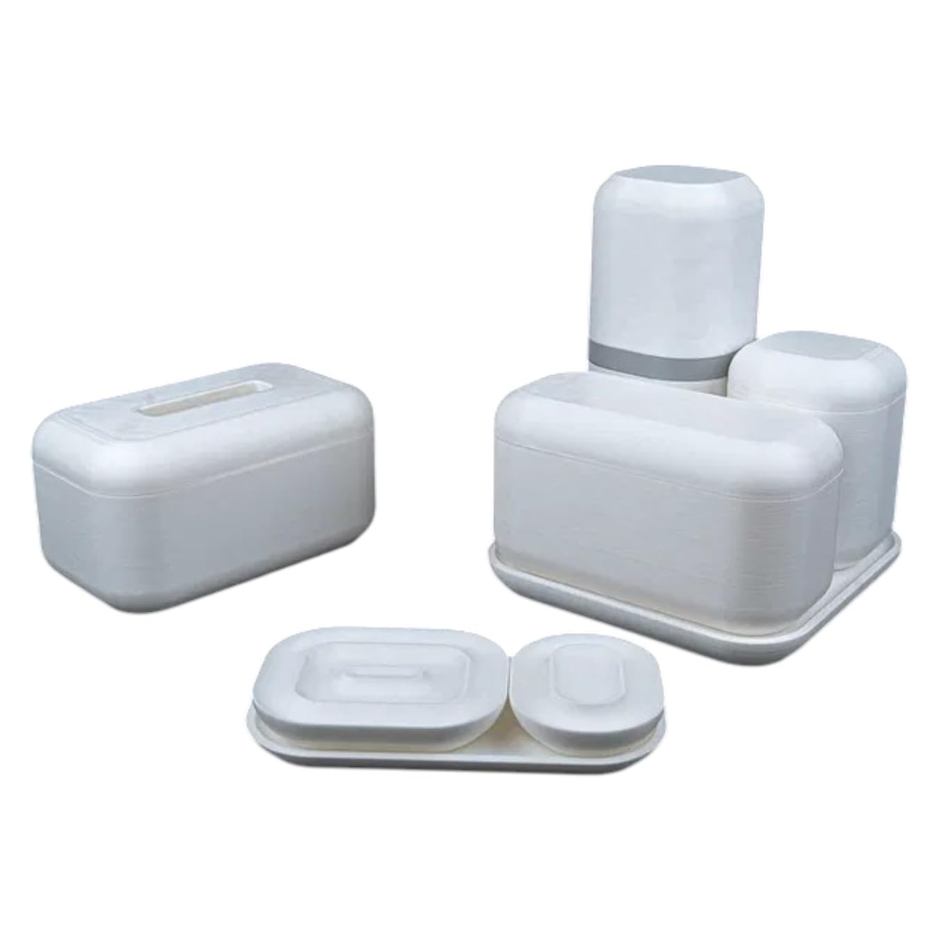 Essential Bathroom Organizer Kit – Modern White Storage Set with Toothbrush Holder, Tissue Box & Counter Tray – 3D Printed in Canada