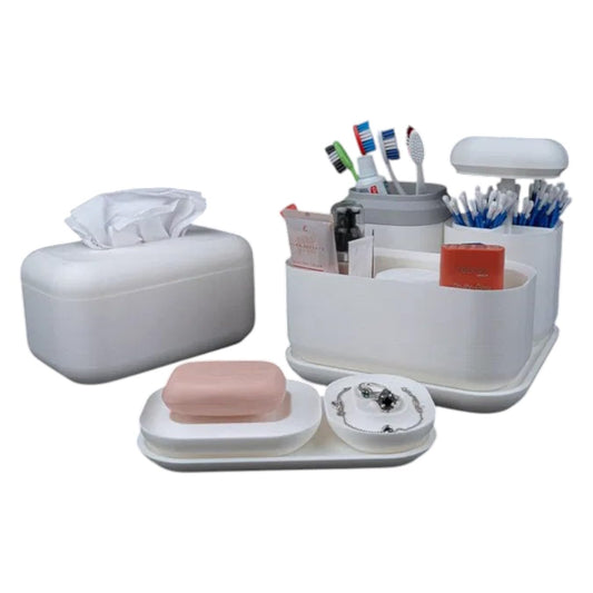 Essential Bathroom Organizer Kit – Modern White Storage Set with Toothbrush Holder, Tissue Box & Counter Tray – 3D Printed in Canada