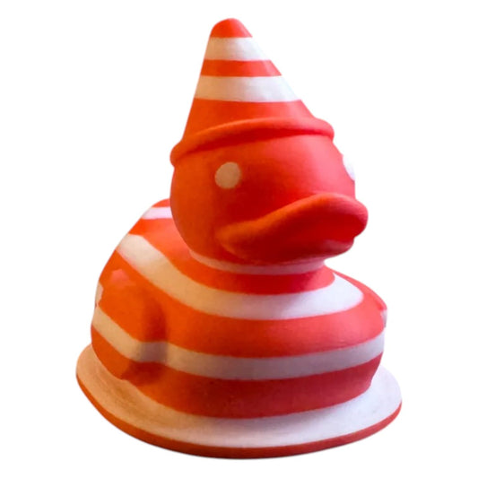 Traffic Cone Duck Figurine – Funny Striped Rubber Duck Collectible for Desk, Shelf or Gag Gift Décor – 3D Printed in Canada