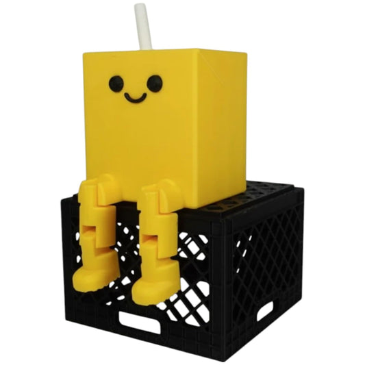 Juice Box Buddy Articulated Figurine – Whimsical Poseable Desk Companion for Teens & Adults – Collectible Yellow Character with Swinging Legs – 3D Printed in Canada