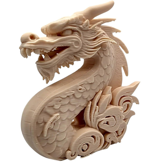 Cloud Dragon Figurine – Carved Wood-Style Mythical Serpent Sculpture for Shelf, Desk, or Altar – Eastern Dragon Aesthetic for Fantasy Decor – 3D Printed in Canada