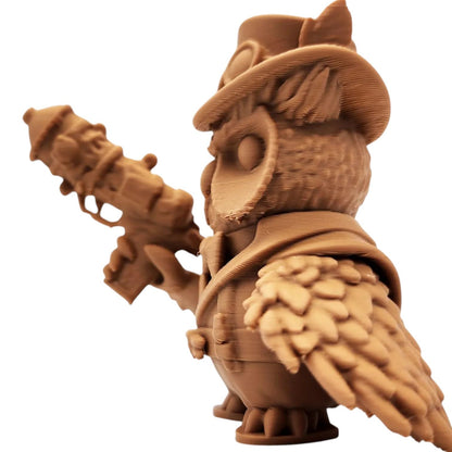 The Inventor Owl Figurine – Steampunk Owl with Goggles & Raygun – Fantasy Tinkerer Miniature for Display or Painting – 3D Printed in Canada