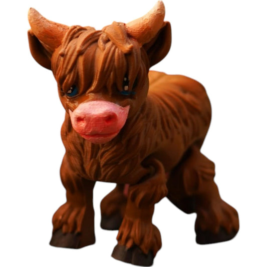 Highland Cow Figurine – Articulated Cute Cow Model with Textured Hair & Poseable Legs – Print-in-Place, No Supports Needed – 3D Printed in Canada