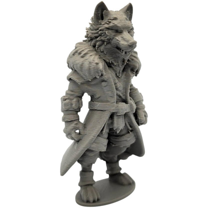 Big Bad Wolf Figurine – Fantasy Werewolf Warrior Statue with Trench Coat – Fierce Display Model or Paintable Miniature – 3D Printed in Canada