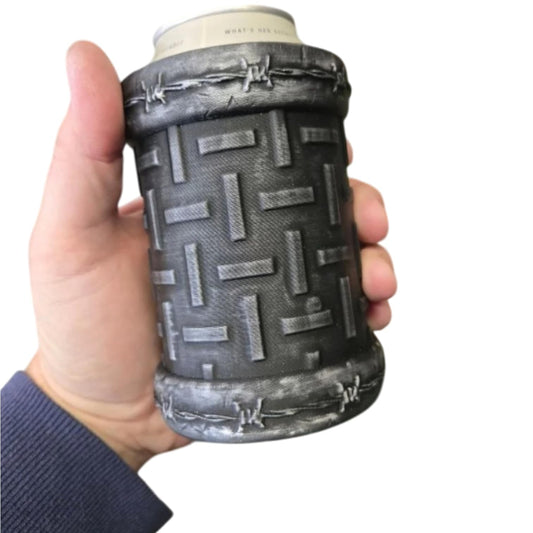Diamond Plate Can Holder with Barbed Wire Detail – Industrial-Style Drink Sleeve for 12oz Cans – 3D Printed in Canada