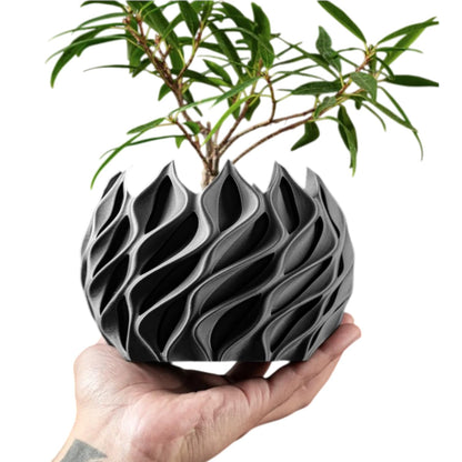 Small Black Planter Pot with Twisting Wave Texture – Sculptural Modern Container for Succulents & Desk Plants – 3D Printed in Canada