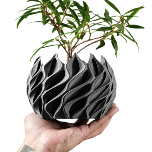 Small Black Planter Pot with Twisting Wave Texture – Sculptural Modern Container for Succulents & Desk Plants – 3D Printed in Canada