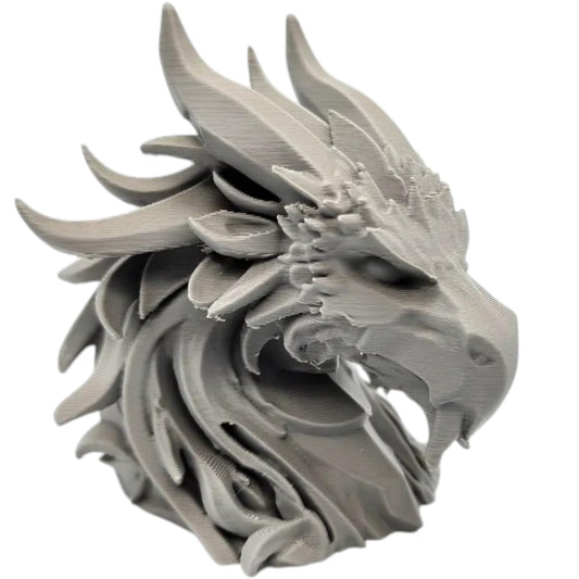Stone Dragon Head Bust – Sculpted Fantasy Dragon with Flowing Horns & Layered Plating – Mythical Creature Display Piece – 3D Printed in Canada