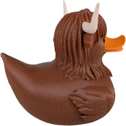 Highland Cow Duck Figurine – Off-Road Rubber Duck for Duck Duck 4x4, Cruise Ship Hiding, Dashboard Collectible, Vehicle Ducks, Collectible Display – 3D Printed in Canada
