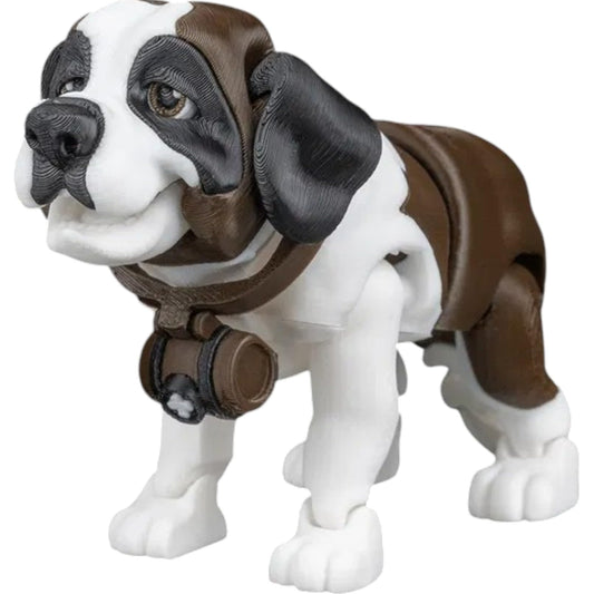 Bernie The St. Bernard – Articulated Dog Figurine with Barrel Accessory, Poseable Collectible Fidget Model for Display or Play – 3D Printed in Canada
