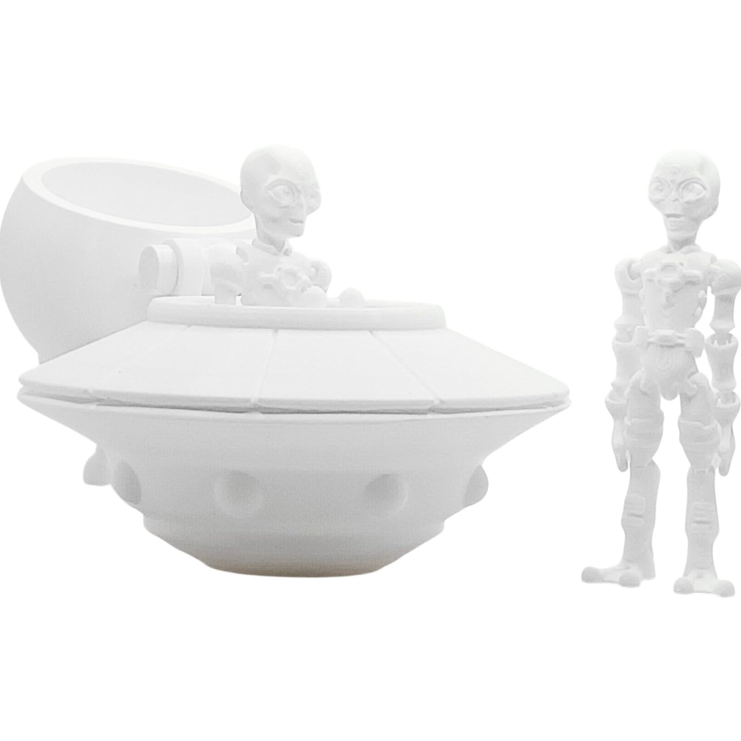 3D Printed Alien Figurine with UFO Spaceship – Articulated DIY Paintable Sci-Fi Display Model for Desk, Diorama, or Collection – 3D Printed in Canada