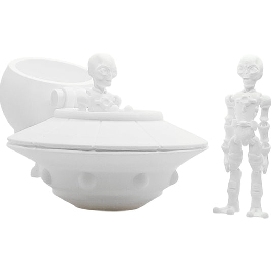 3D Printed Alien Figurine with UFO Spaceship – Articulated DIY Paintable Sci-Fi Display Model for Desk, Diorama, or Collection – 3D Printed in Canada