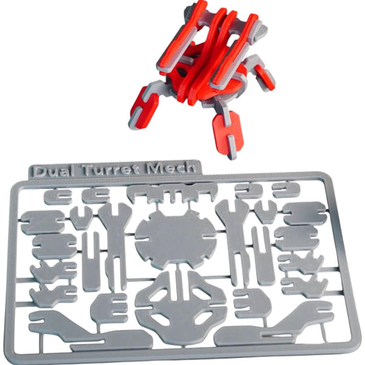 Dual Turret Mech Kit Card – 25-Piece Snap-Fit Robot Model Assembly Sheet for Desk Display or Gifting – Flat-Pack Mech Kit for Teens & Adults – 3D Printed in Canada