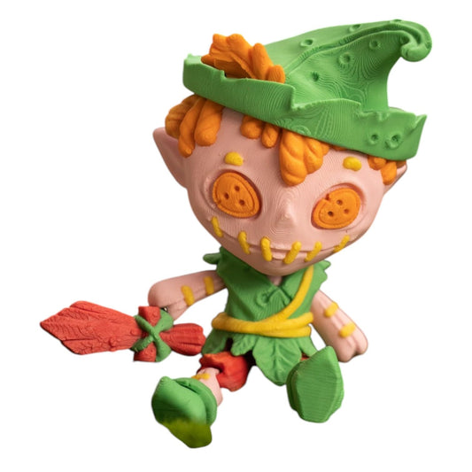 Forest Trickster Figurine – Stylized Button-Eyed Elf with Leafy Outfit & Dagger, Fantasy Display Figure for Collectors & Adults – 3D Printed in Canada