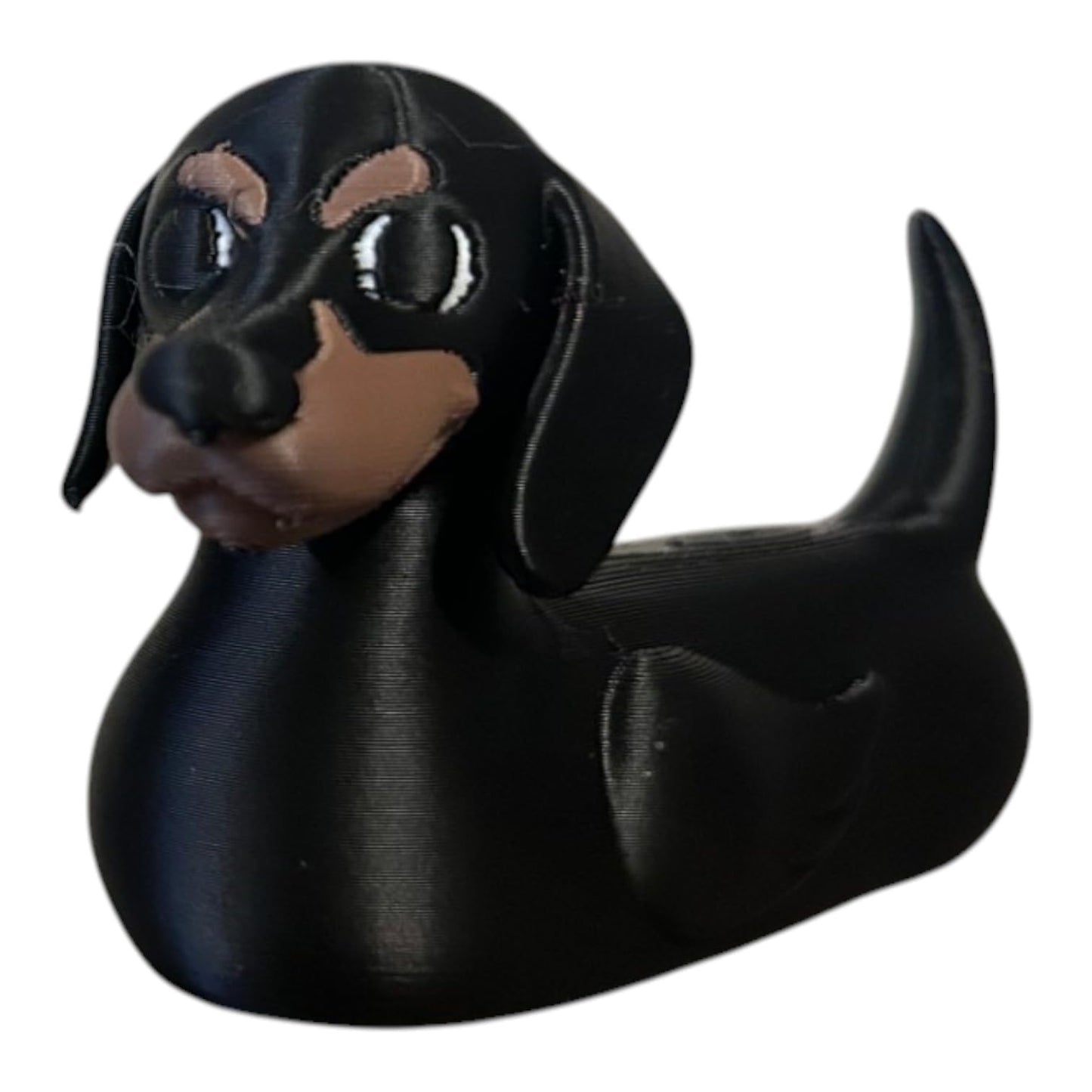 Dark Dachshund Duck Figurine – Long-Body Dachshund-Duck Hybrid with Floppy Ears & Tan Markings – Funny Collectible Gift for Dog Lovers – 3D Printed in Canada