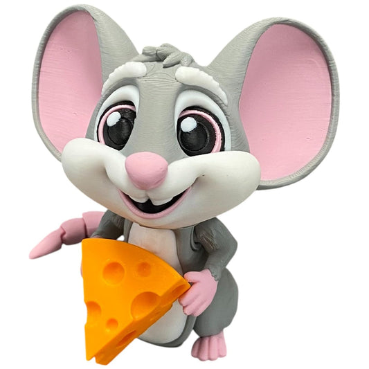 Cute Articulated Mouse Figurine with Cheese – Poseable Cartoon Rodent Collectible for Teens & Adults – Adorable Desktop Toy Display Piece – 3D Printed in Canada