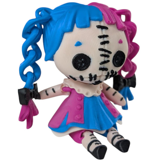 Articulated Creepy Doll Figurine – Horror-Inspired Button-Eyed Display Figure with Twisted Braids, Gothic Decor for Desk or Shelf – 3D Printed in Canada