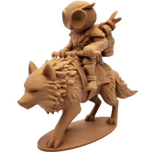 The Wolf Rider Owl Figurine – Fantasy Owl Mounted on Wolf with Pack & Gear – Owls & Dragons Collection – Paintable Display Miniature – 3D Printed in Canada