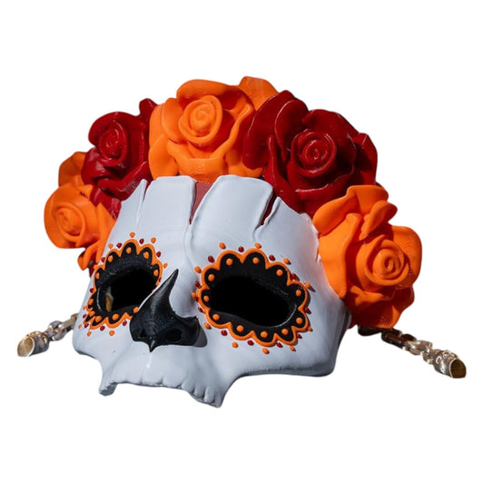 Calavera Mask with Marigold Rose Crown – Día de Los Muertos-Inspired Décor – Gothic Collectible – 3D Printed in Canada