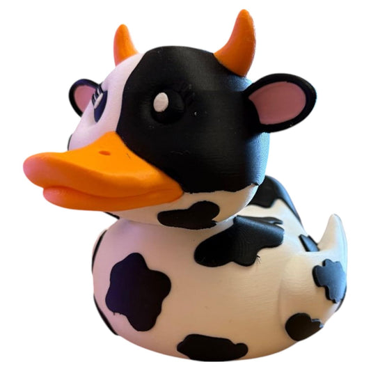 Country Cow Duck Figurine – Funny Cow Print Rubber Duck Decor for Desk, Bath Shelf or Gag Gift for Adults – Moo Collectible Fidget – 3D Printed in Canada