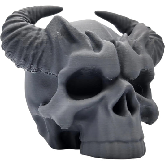 Demon Skull Figurine with Curved Horns – Gothic Fantasy Skull Decor for Tabletop Displays, Horror Collections & RPG Terrain – 3D Printed in Canada