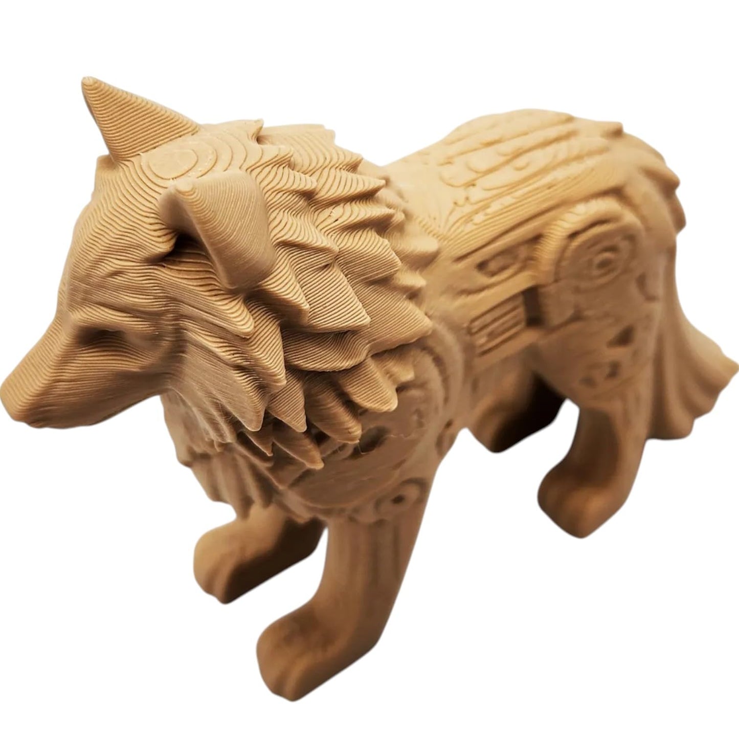 Mechanical Steampunk Wolf Figurine – Intricate Tribal Cyber Wolf Decor for Desk or Shelf – Articulated Display Sculpture – 3D Printed in Canada