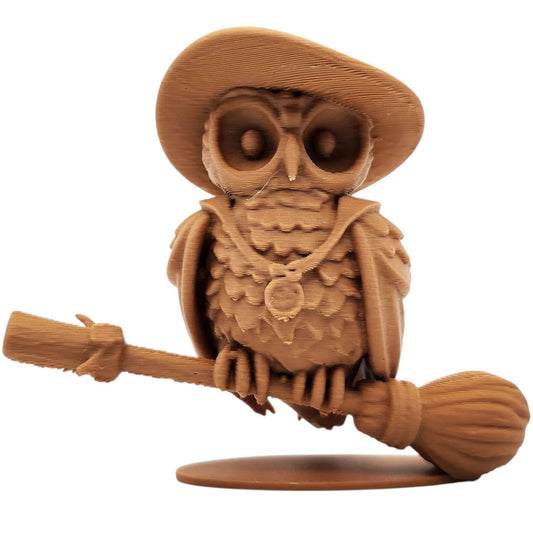 The Witch Owl Figurine – Fantasy Owl Miniature on Broomstick with Wizard Hat – Perfect Halloween Figurine or Painting Model – 3D Printed in Canada