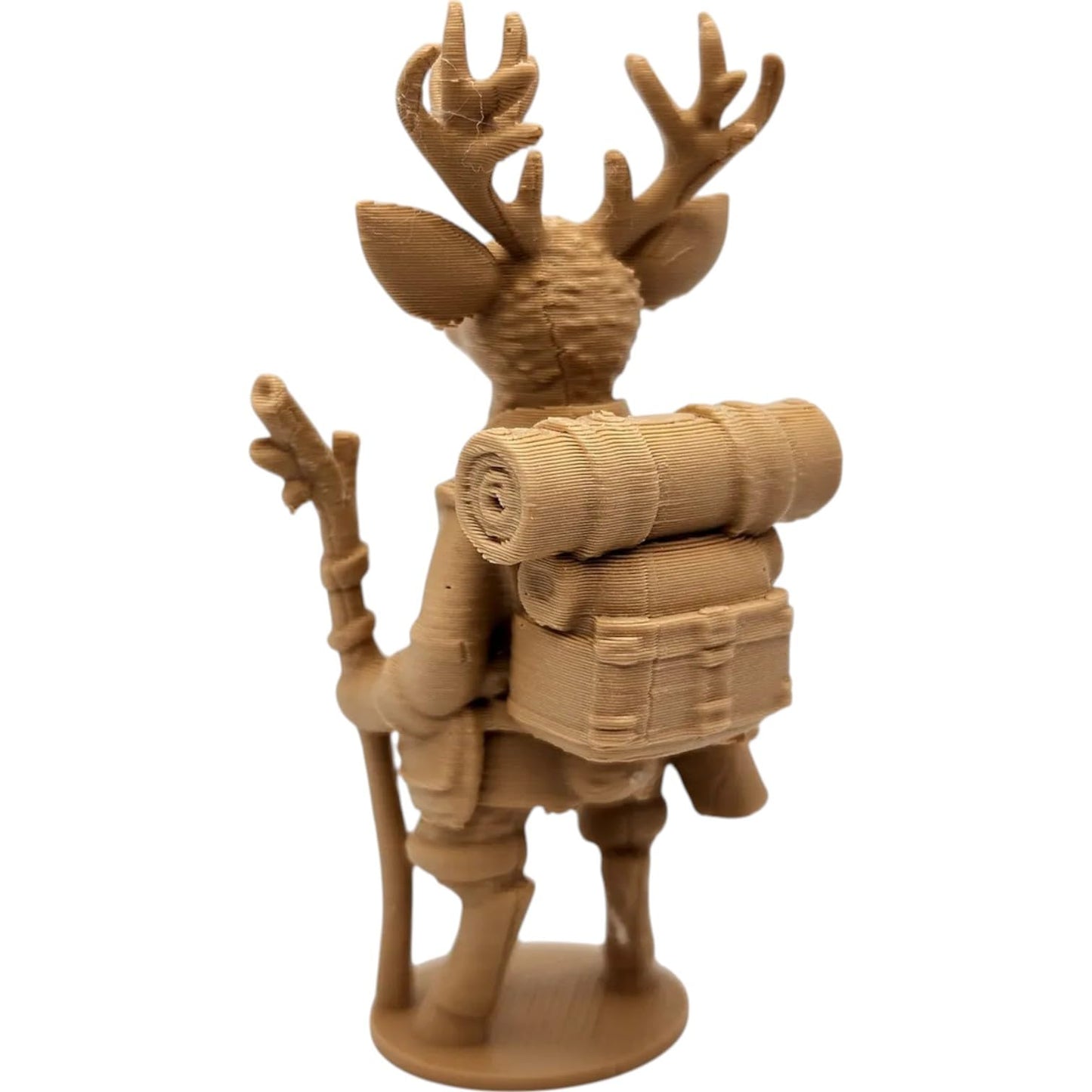 Reindeer Trekker Figurine with Antlers and Hiking Gear – Wood-Style 3D Printed Fantasy Forest Explorer Statue – 3D Printed in Canada