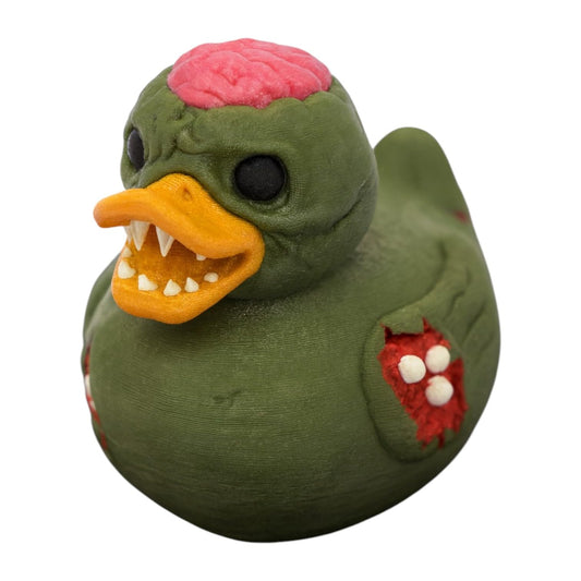 Gruesome Zombie Duck Figurine – Creepy Halloween Rubber Duck Collectible with Brain & Bitemarks – 3D Printed in Canada