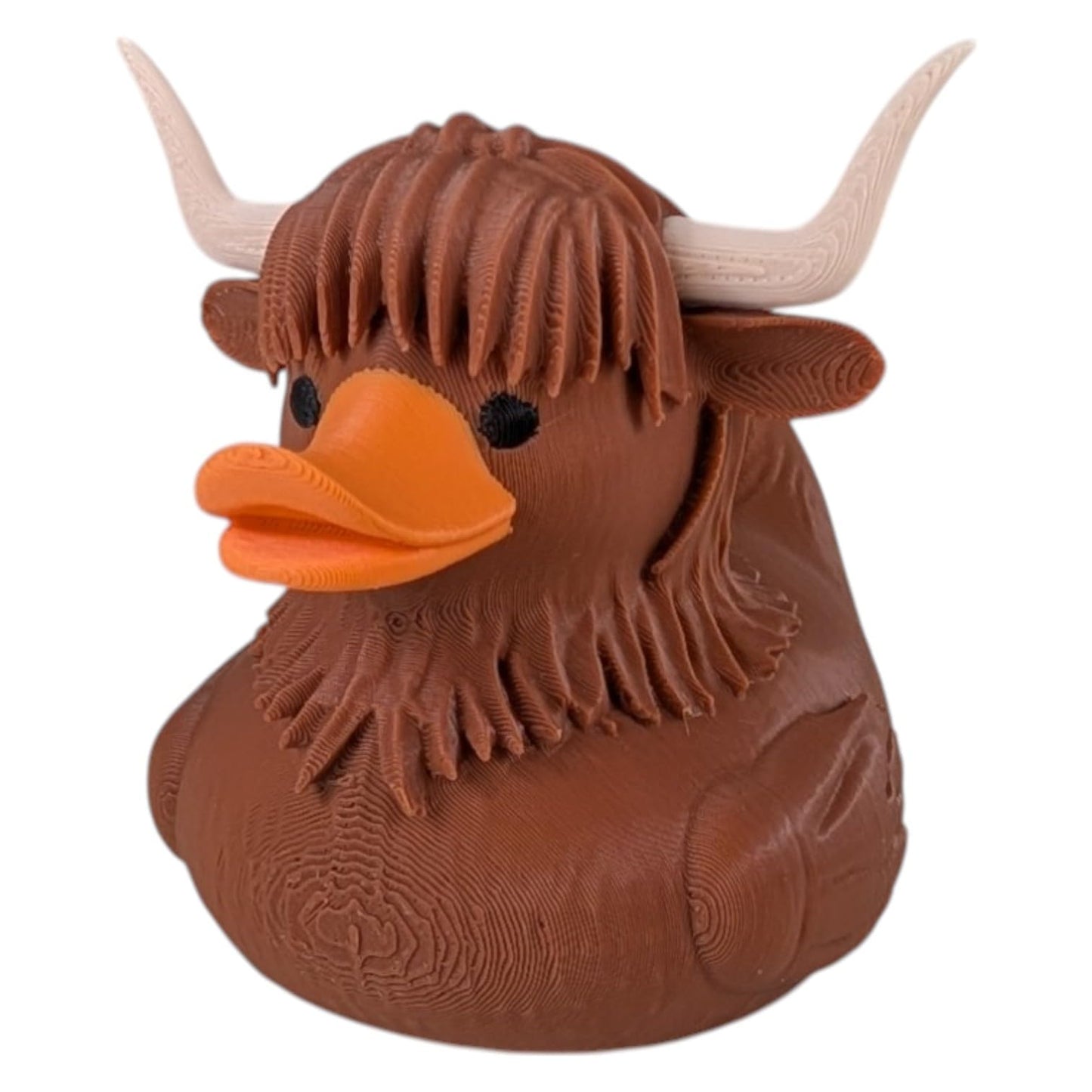 Highland Cow Duck Figurine – Off-Road Rubber Duck for Duck Duck 4x4, Cruise Ship Hiding, Dashboard Collectible, Vehicle Ducks, Collectible Display – 3D Printed in Canada