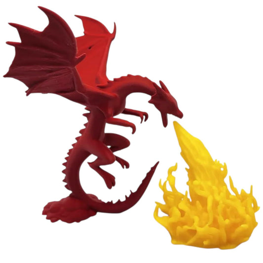 Fire-Breathing Dragon 2-Piece Set – Red Dragon & Flame Stream Sculptures for Fantasy Displays & RPG Dioramas – Mythical Battle Scene – 3D Printed in Canada