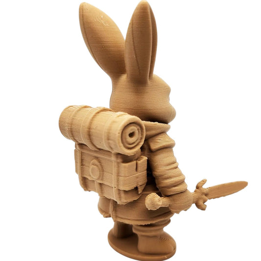 Bunny Warrior Figurine with Shield and Sword – Wood-Style 3D Printed Fantasy Rabbit Miniature for TTRPG or Shelf Display – 3D Printed in Canada