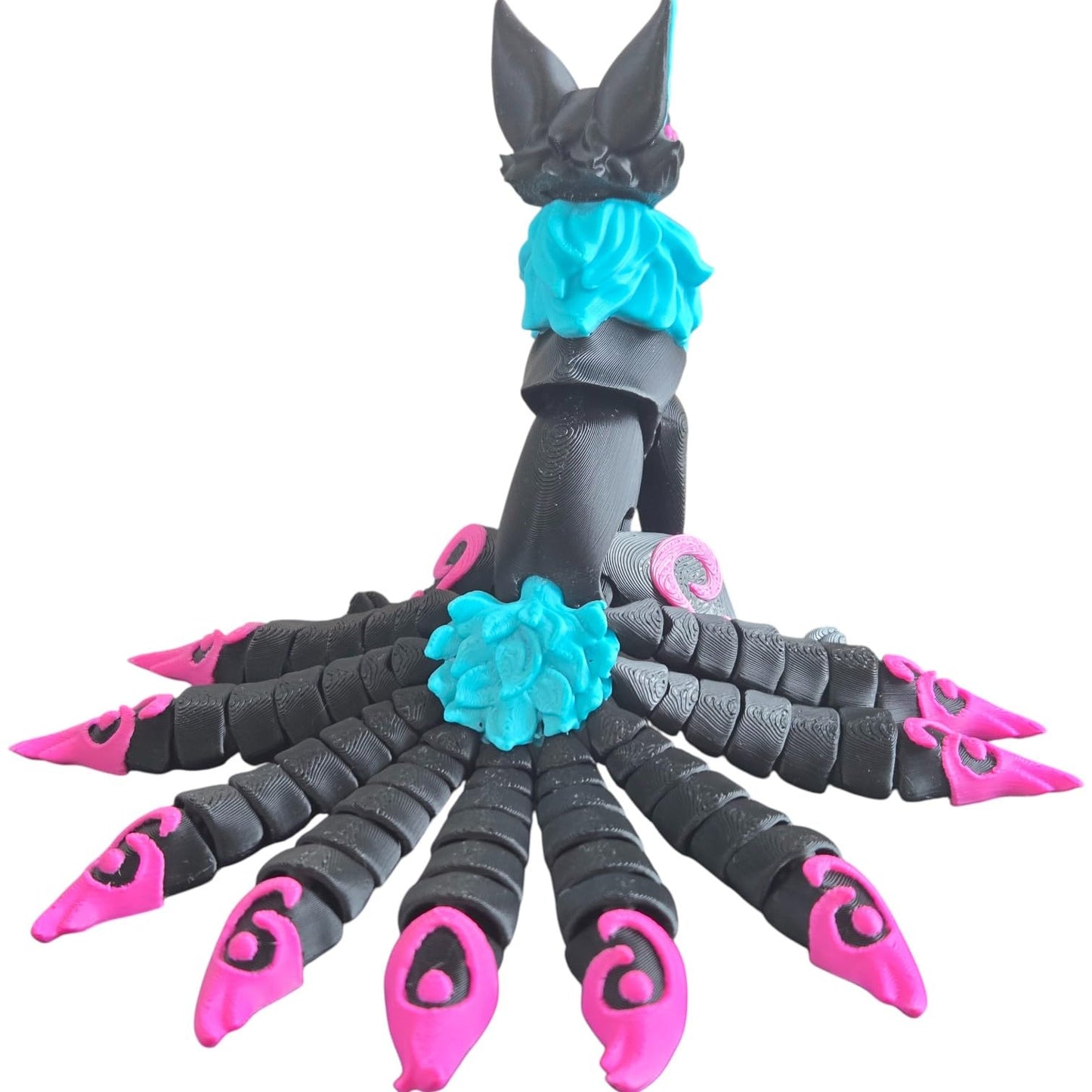 Neon Eclipse Nine-Tailed Kitsune Figurine – Articulated Celestial Fox Spirit with Magenta Swirls & Cyan Glow Accents – Cosmic Fantasy Display Piece – 3D Printed in Canada