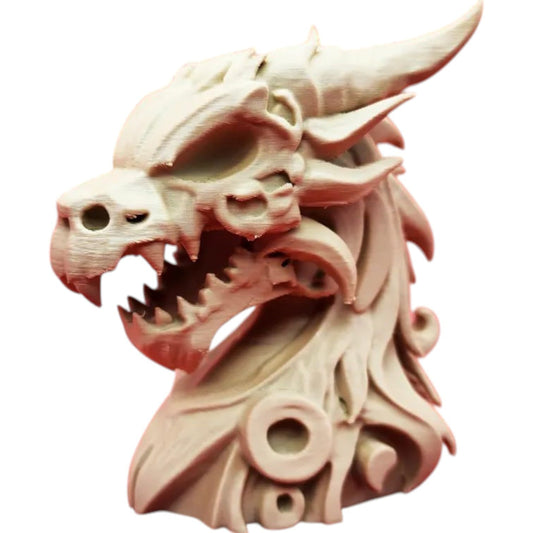 Wood-Carved Dragon Sculpture 2 – Fierce Mythical Bust with Flowing Horns, Jagged Teeth & Swirling Base – Fantasy Display Art – 3D Printed in Canada